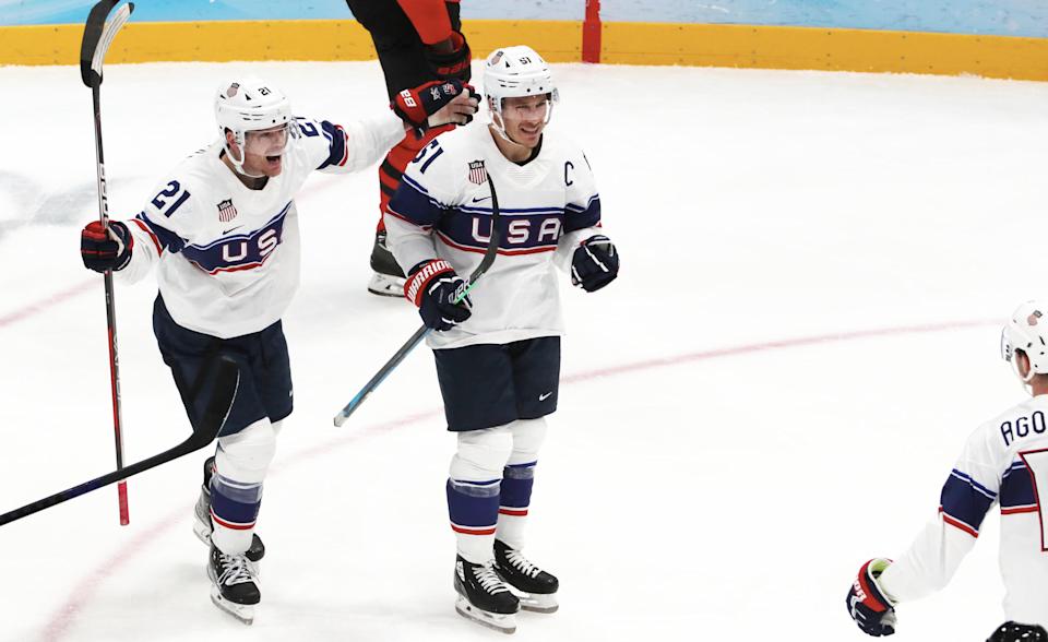 BEIJING, CHINA - FEBRUARY 12: Team USA's 51st Captain Andy Meili celebrates his goal with his teammate during the men's ice hockey preliminary round group match between Team Canada and Team USA on the eighth day of the Beijing 2022 Winter Olympics at the National Indoor Stadium in February 12, 2022 in Beijing, China.  (Photo by Xavier Laine / Getty Images)