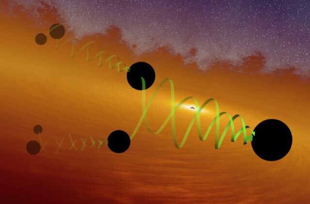 Artist's concept of a hierarchical scheme for merging black holes.  Scientists hypothesize that the two black holes were the result of a previous merger of two small black holes.