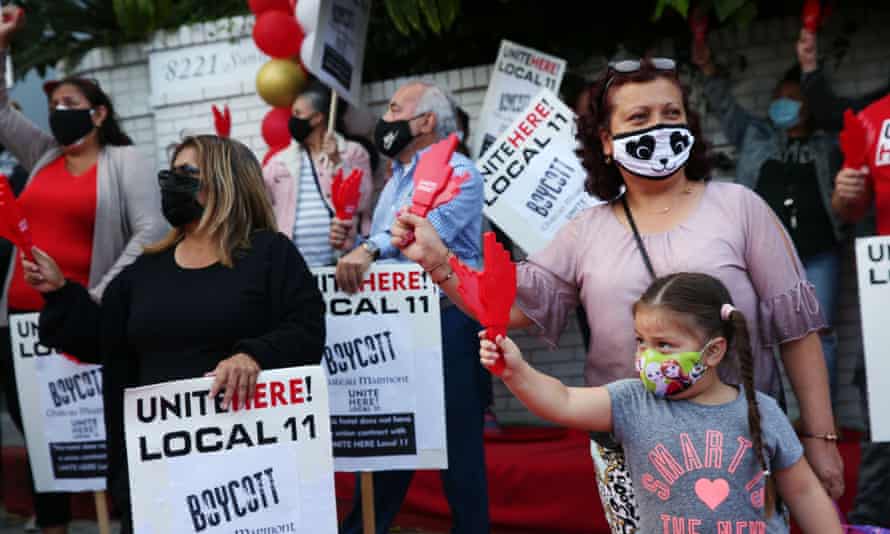 Fired workers and their supporters protest outside Chateau Marmont on April 23, 2021.