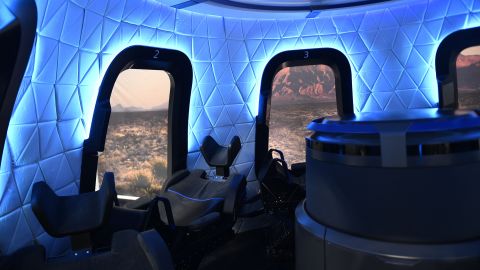 The interior of the Blue Origin capsule is on display on December 11, 2021, in Van Horn, Texas. 
