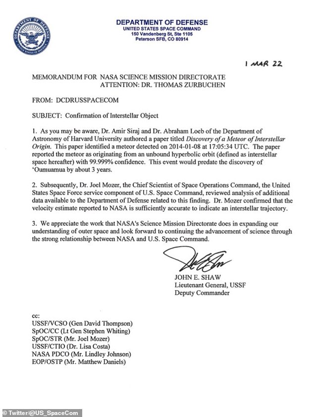 The memo, dated March 1 and posted on Twitter this month, confirms findings by US Space Command chief scientist Dr. Joel Moser.