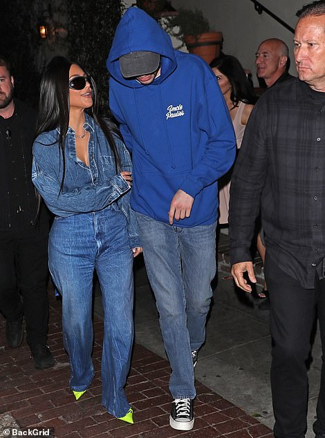 Kim, 41, and Pete, 28, were seen leaving an AOC restaurant in Los Angeles, closely followed by Jeff, 58, and Lauren, 52 — all apparently accompanied by several powerful security guards.