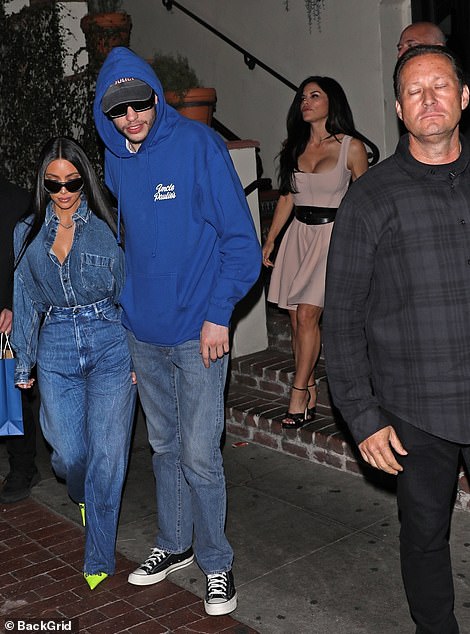 Kim, 41, and Pete, 28, were seen leaving an AOC restaurant in Los Angeles, closely followed by Jeff, 58, and Lauren, 52 — all apparently accompanied by several powerful security guards.