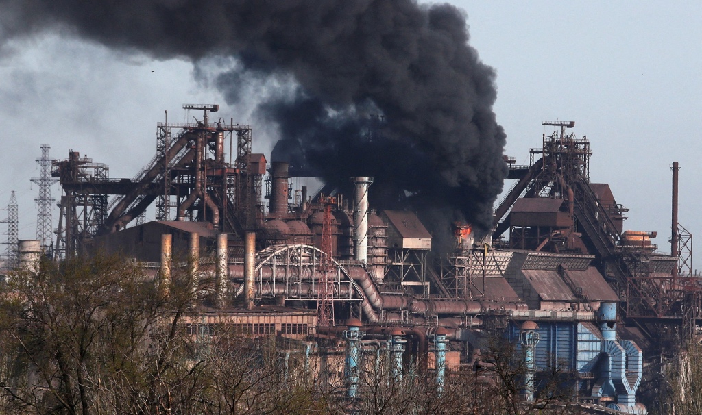 Smoke rises above an iron and steel plant in Azovstal during the conflict between Ukraine and Russia in the southern port city of Mariupol.
