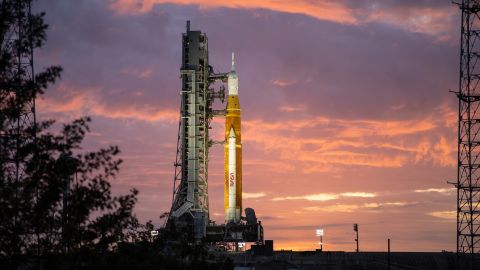 The stack of Artemis I rockets can be seen at sunrise on March 23 at the Kennedy Space Center in Florida. 