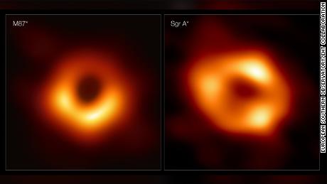 These panels show the first two images of a black hole.  On the left is the M87 *, and on the right is the bow A *.