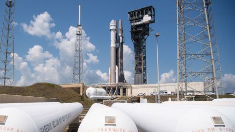 The United Launch Alliance's Atlas V rocket with Boeing's CST-100 Starliner spacecraft on board is seen after its exit from the vertical integration facility to the launch pad at Space Launch Complex 41 prior to the Orbital Flight Test-2 (OFT-2) mission, Wednesday, May 18, 2022 in Cape Canaveral Space Station in Florida. 