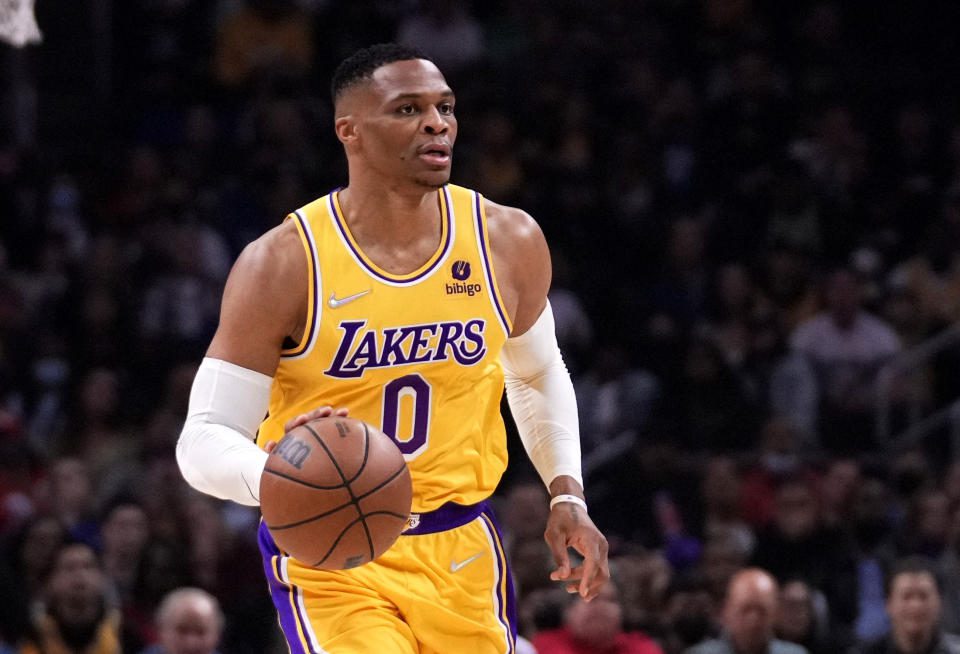 LOS ANGELES, CA - MARCH 3: Los Angeles Lakers #0 Russell Westbrook vs. the Los Angeles Clippers in the first half of an NBA basketball game at Crypto.com Arena in Los Angeles on Thursday, March 3, 2022. Keith Birmingham/Media​ ​News Group/Pasadena Star News via Getty Images)