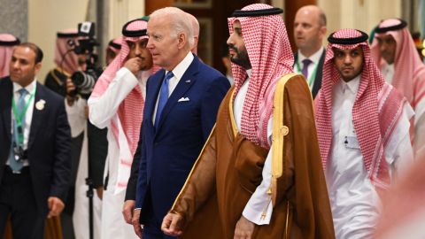 President Joe Biden (left) and Saudi Crown Prince Mohammed bin Salman (right) arrive for a family photo shoot during the Jeddah Security and Development Summit (GCC+3) at a hotel in the Red Sea port city of Saudi Arabia on the 16th July 2022.
