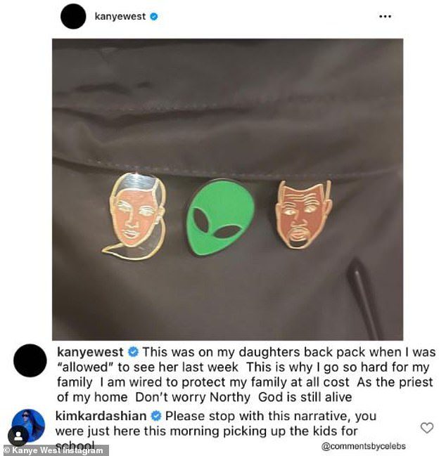PHOTO: Back in mid-March, West took to sharing a photo of his daughter North's backpack, which included brooches from West, Kim, and an alien.