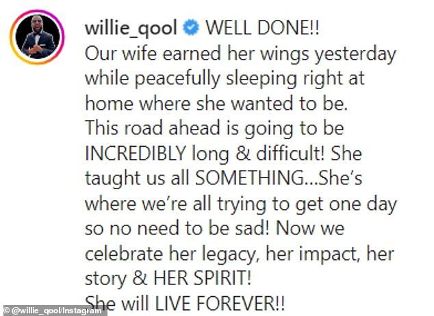 So sad: 'Well done!!  Our wife gained her wings yesterday while she was sleeping peacefully in the house where she wanted to be.  This path will be incredibly long and difficult!  She taught us something... It's where we all try to get through the day, so no need to be sad!  Now we celebrate her legacy, influence, story and spirit! 