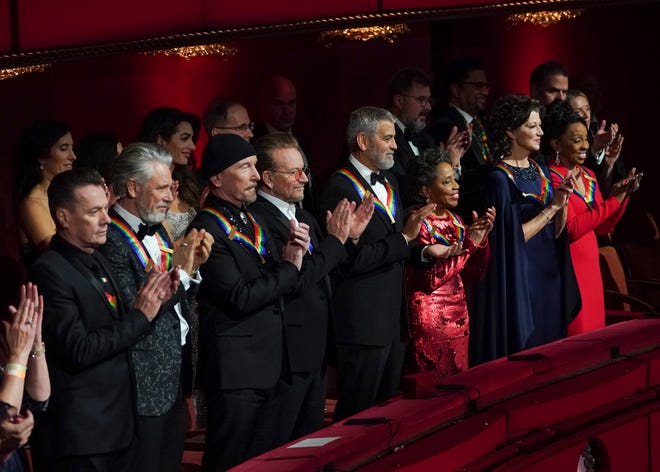 The 45th Kennedy Center Honors Gala will air at 8 p.m. (EST/PT) December 28 on CBS and Paramount+.  Pictured: U2 Honorees (Larry Mullen Jr., Adam Clayton, The Edge, Bono), George Clooney, Tanya Lyon, Amy Grant and Gladys Knight.